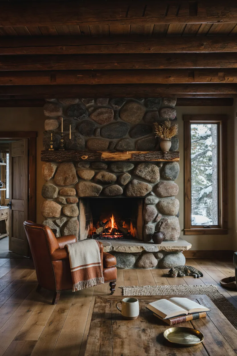 Rustic Cabin River Rock Fireplace