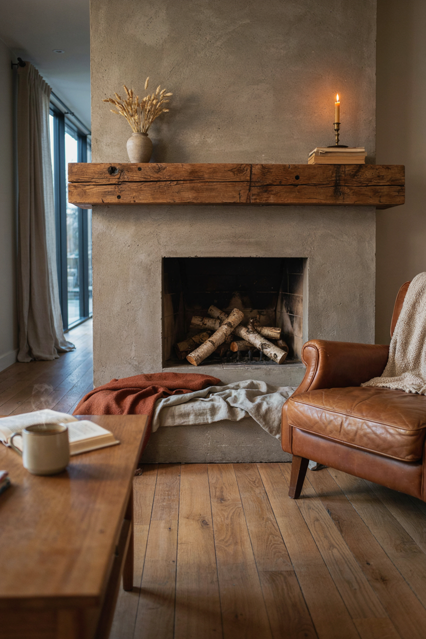 Rustic Concrete Fireplace With Wood Mantel