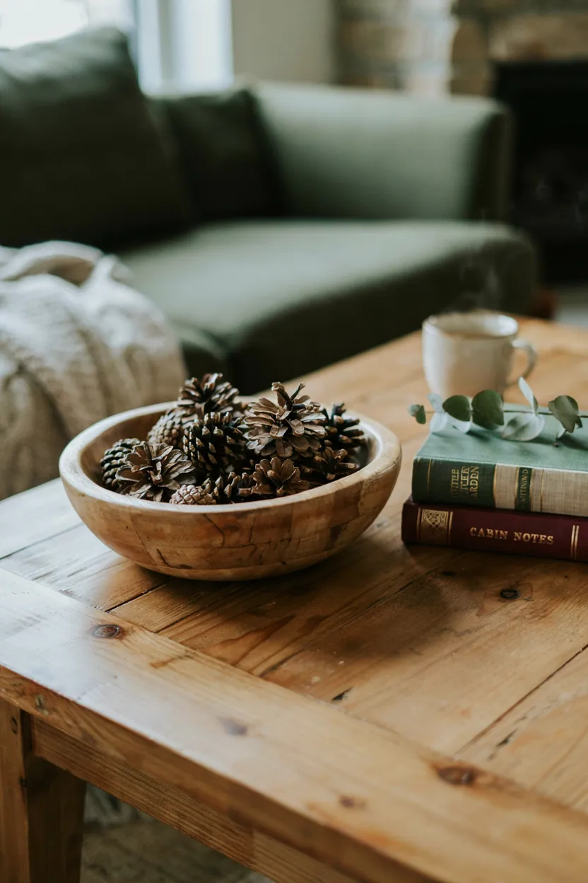  Rustic Wood Bowl with Pinecones for Winter