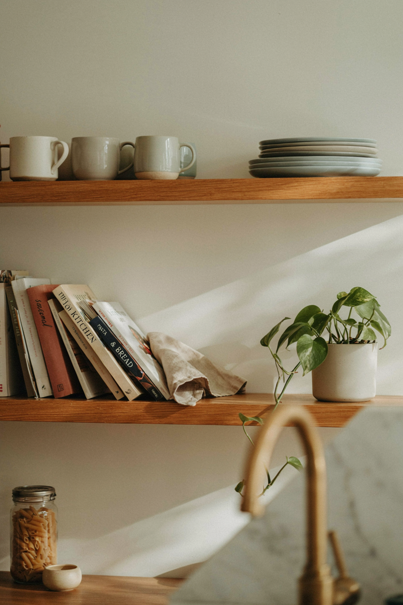 Shelf Styled with Cookbooks and Plants