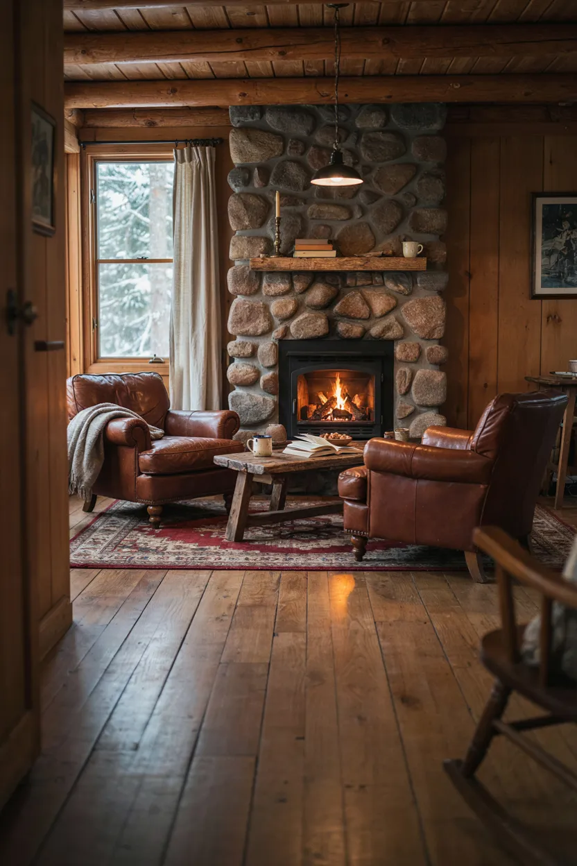 Small River Rock Fireplace for Cozy Cabin