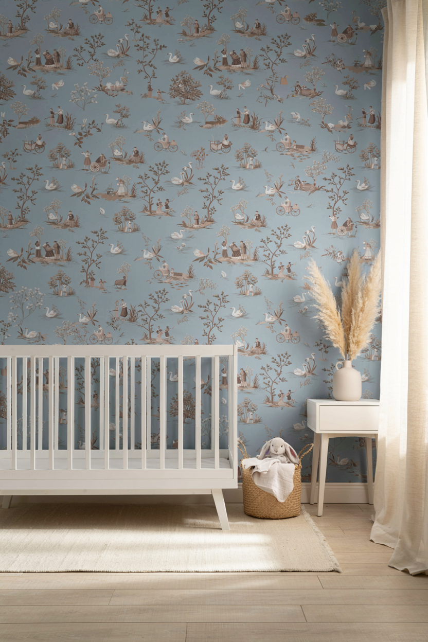 French Nursery Ideas Soft Toile de Jouy Wallpaper with a Modern Twist