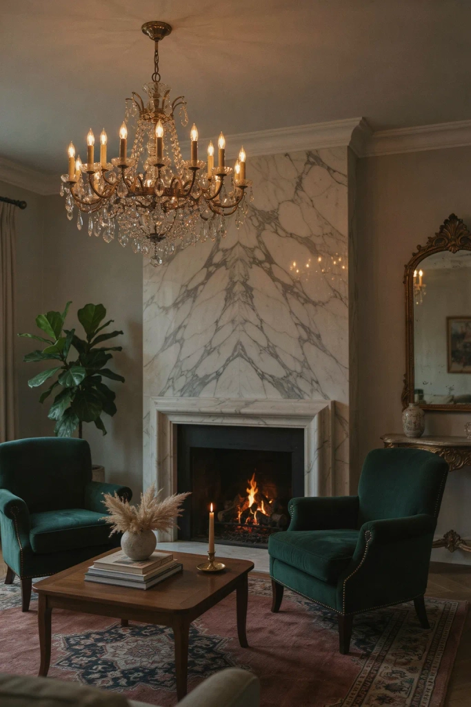 Statement Chandelier Above the Fireplace Seating Area