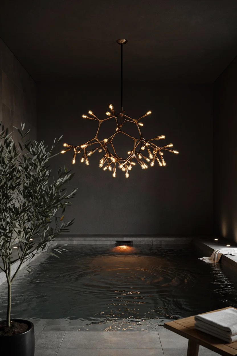 Statement Lighting Fixtures Above the Water Indoor Pool Ideas 