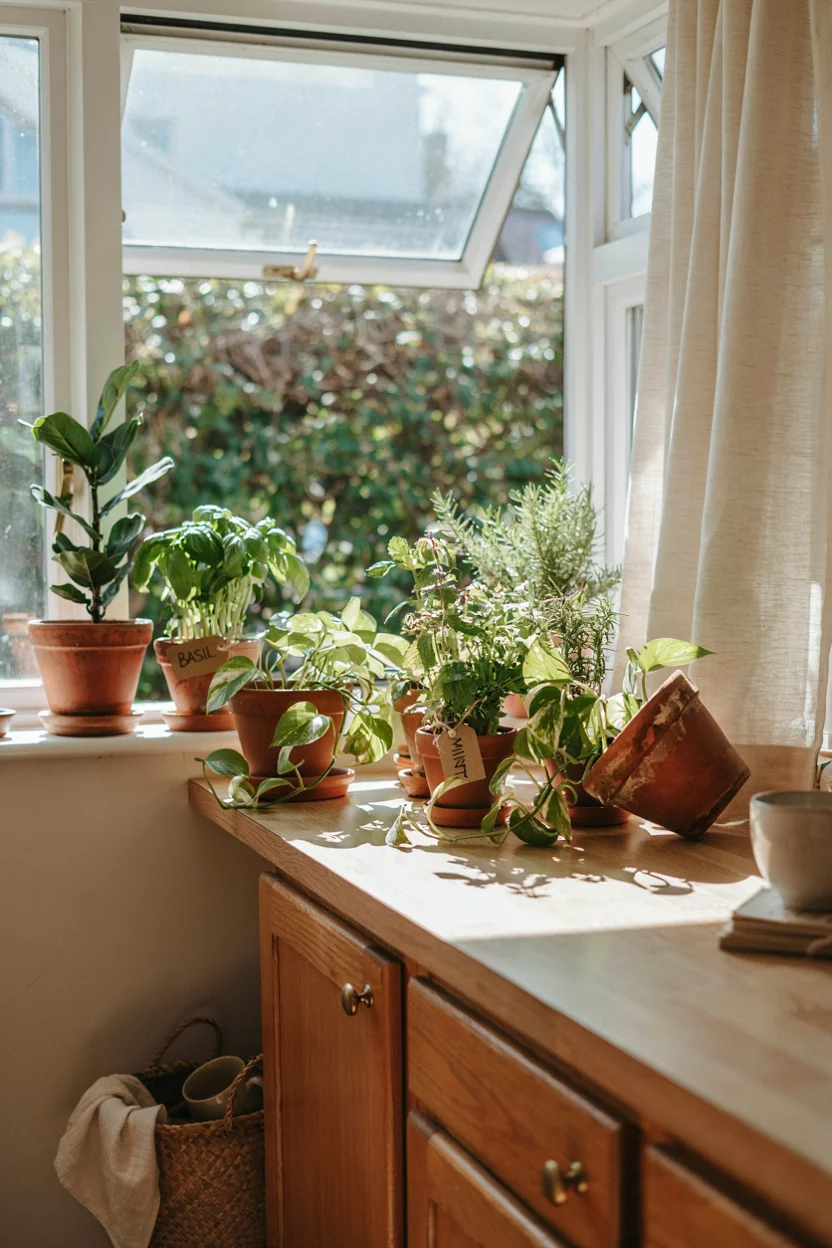 Terracotta Pots Bursting with Greenery Boho Kitchen Ideas 