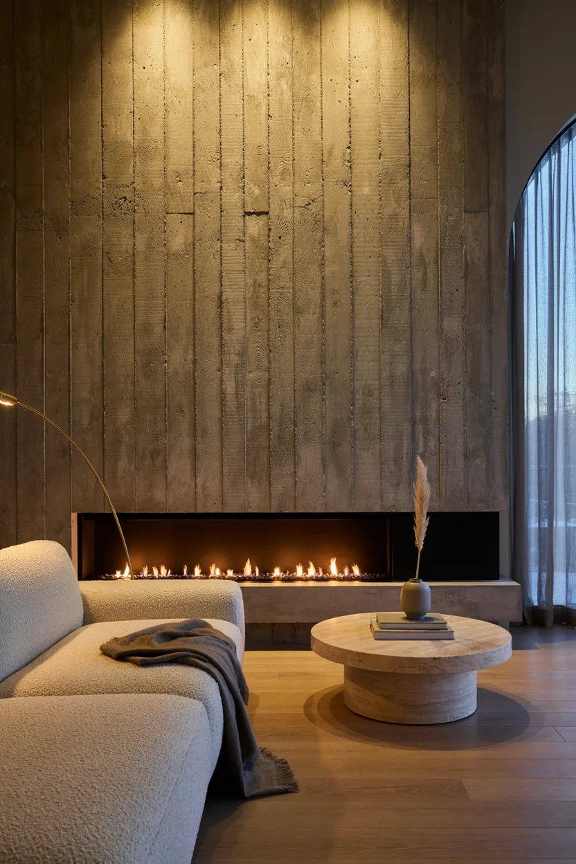 Textured Concrete Fireplace Accent Wall