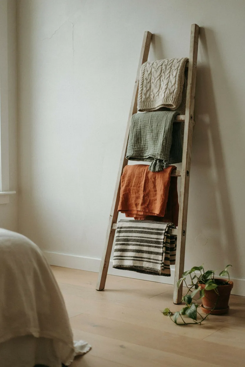 Thrifted Wooden Ladder Blanket Rack