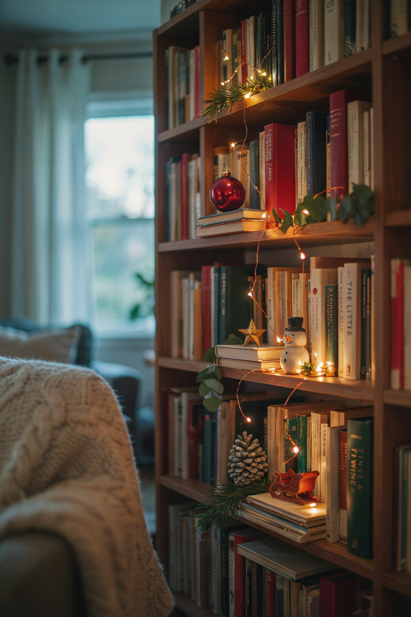 Twinkling String Lights on Bookshelves