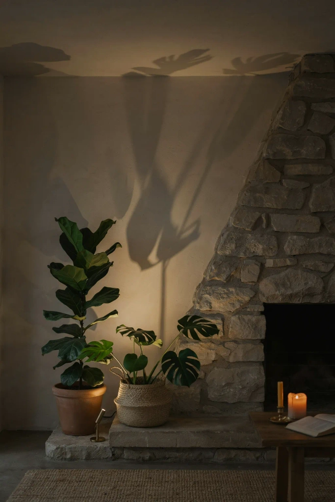 Uplighting Behind Potted Plants Near the Hearth