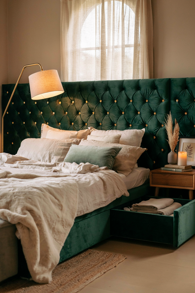 Glam Room Ideas  Velvet Tufted Headboard with Hidden Storage