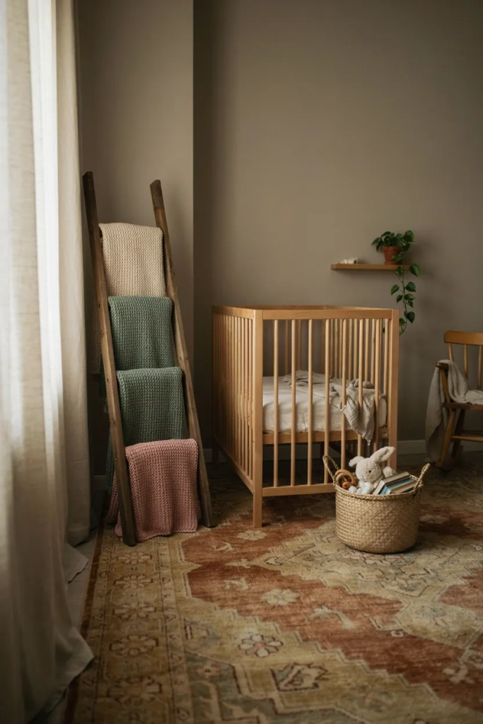  Vintage Nursery with Repurposed Ladder Shelving