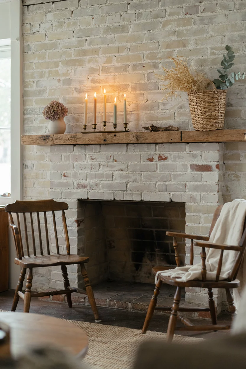 Whitewashed Brick Fireplace Wall