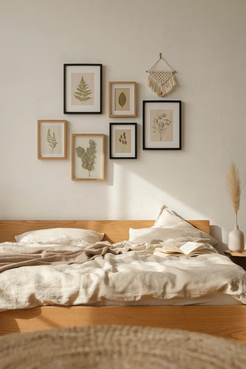 Gallery Wall of Natural Art and Textiles Earthy Boho Bedroom Ideas 