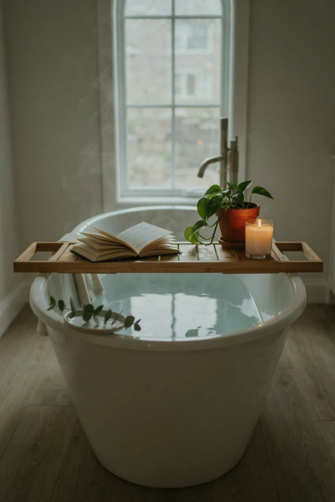Bathtub Tray with Book and Candle