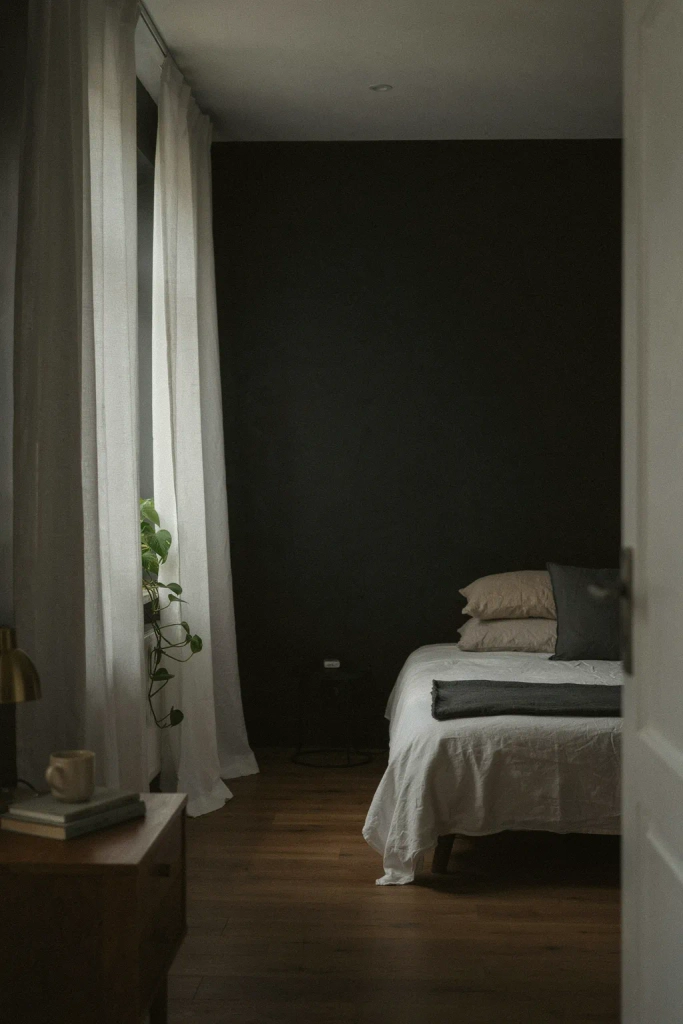 Black Bedroom with Curtain Bangs of Light