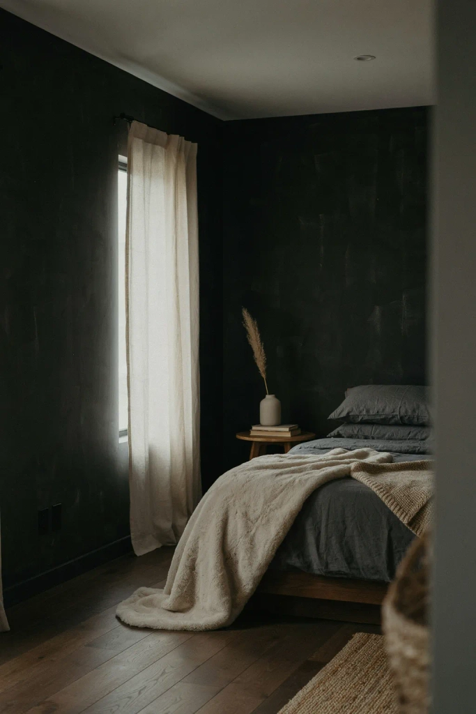 Black Bedroom with Faux Fur Throw