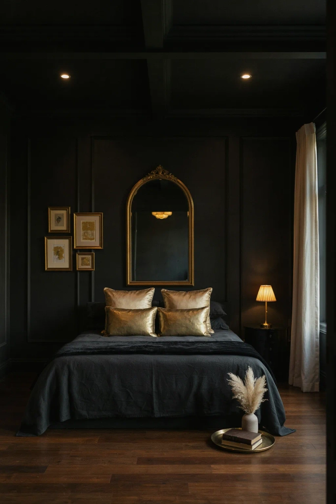 Black Bedroom with Gold Accents
