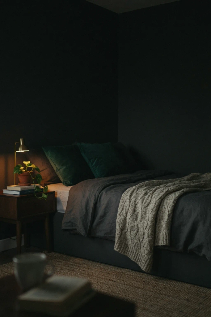 Black Bedroom with Layered Textures