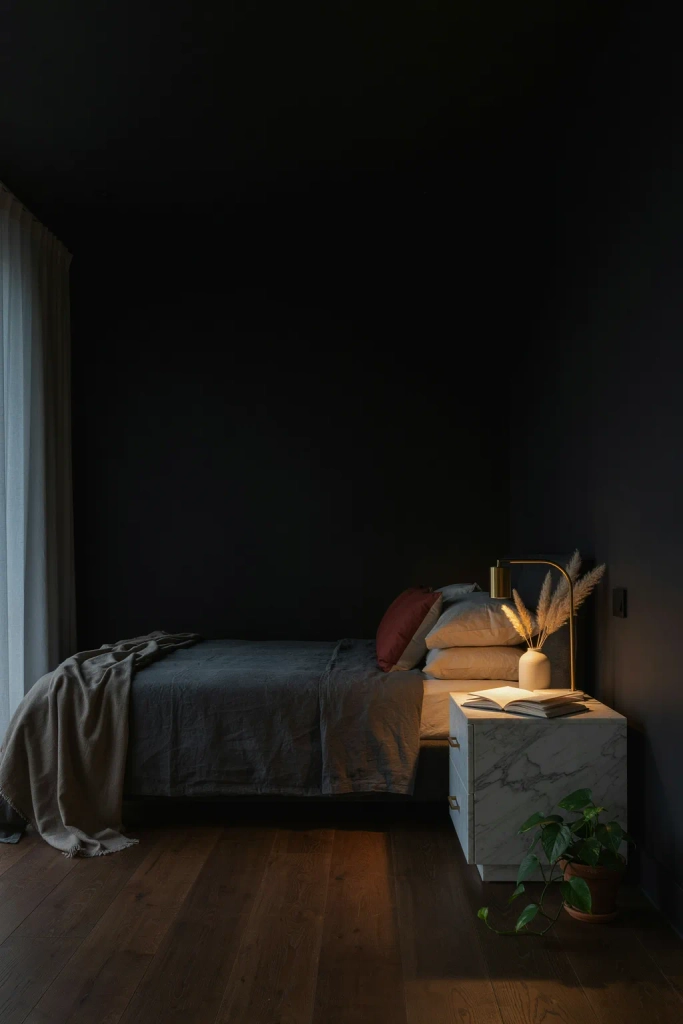 Black Bedroom with Marble Accents