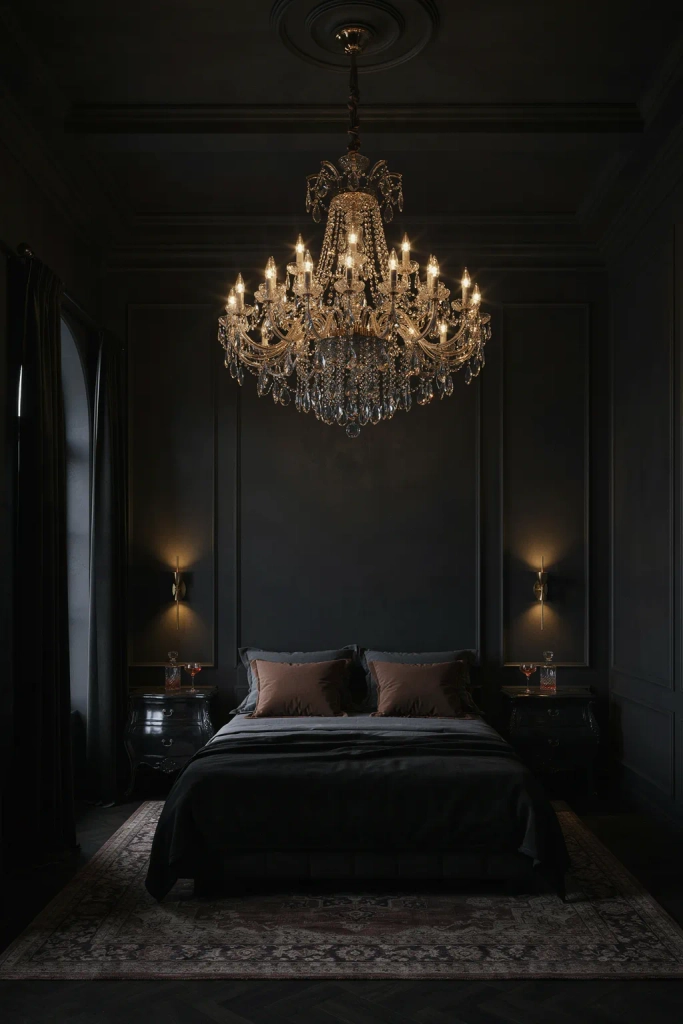 Black Bedroom with Statement Chandelier Dark Bedroom Ideas