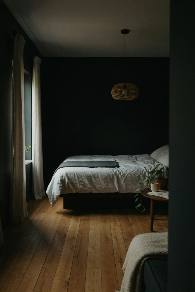 Black Bedroom with Warm Wood Flooring