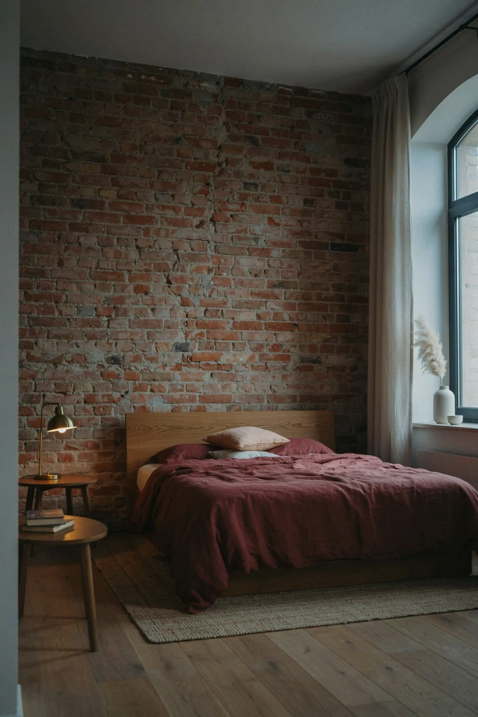 Burgundy Bedroom with Exposed Brick