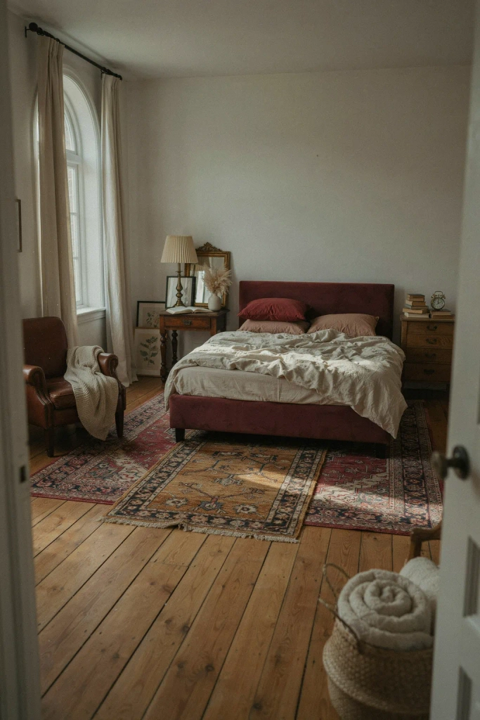 Burgundy Bedroom with Layered Vintage Rugs