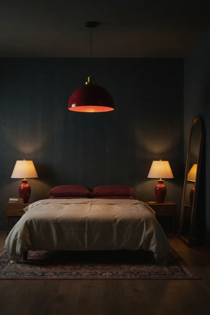 Burgundy Bedroom with Statement Lighting