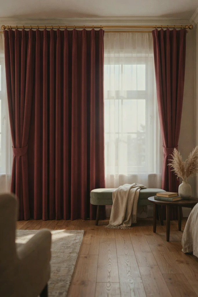 Burgundy Curtains with Brass Rods