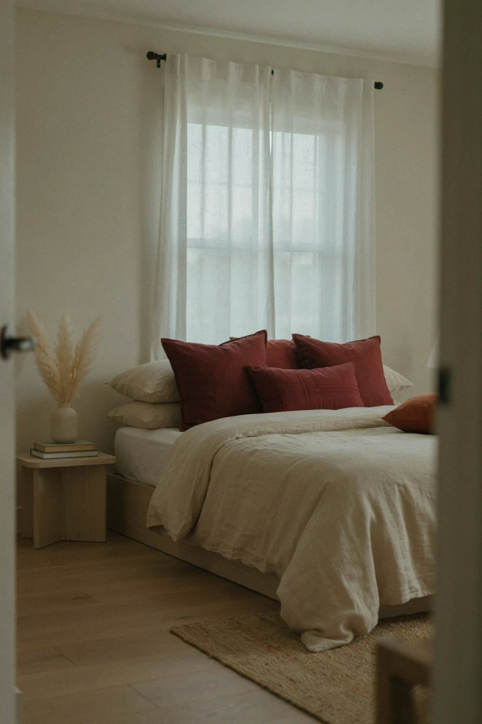 Burgundy Throw Pillows on Neutral Bedding