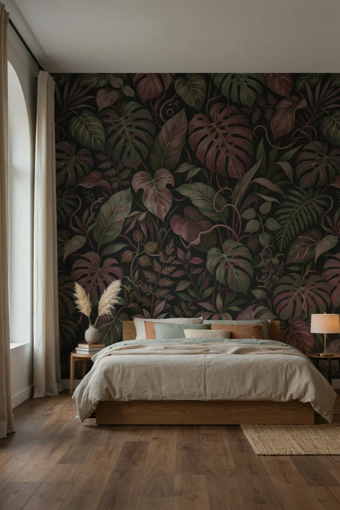 Burgundy Wallpaper with Botanical Print