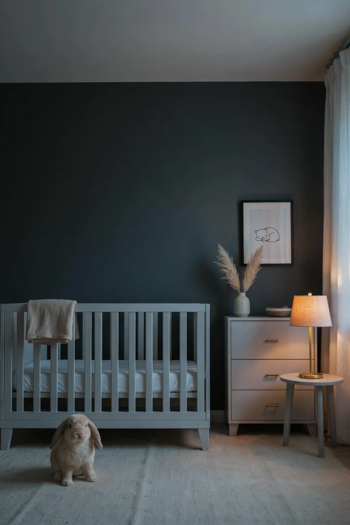Charcoal Accent Wall with Grey Furniture Grey Nursery Ideas