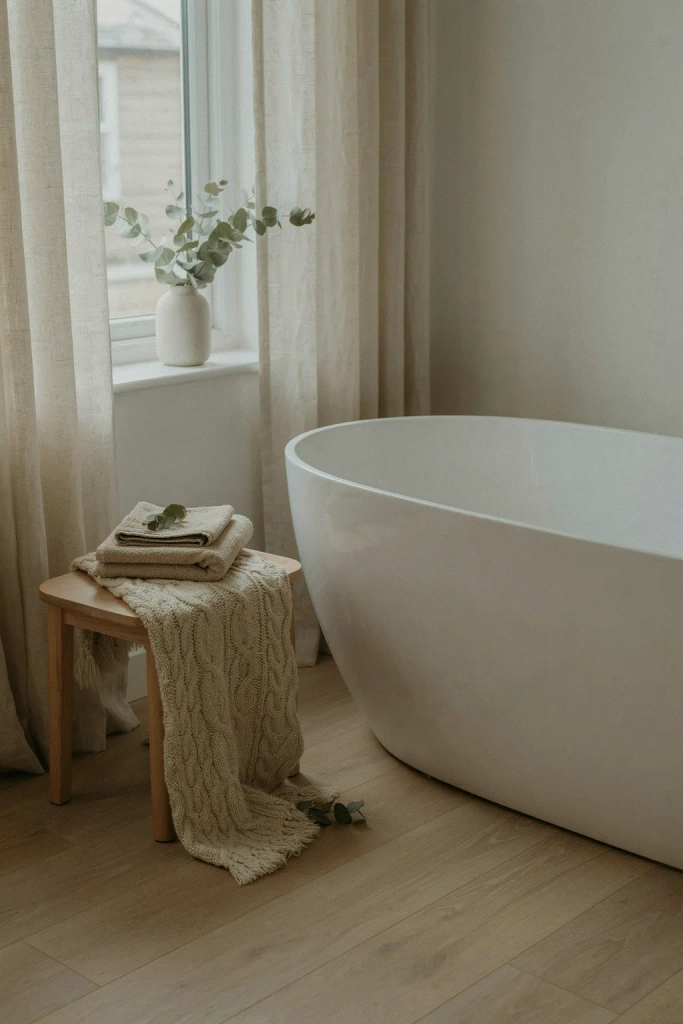  Chunky Knit Throw on a Bathroom Bench