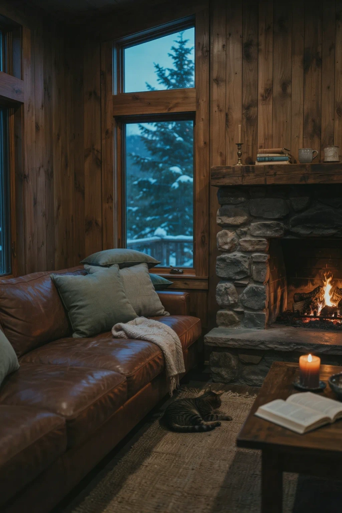 Cozy Cabin Living Room with Sage Textiles