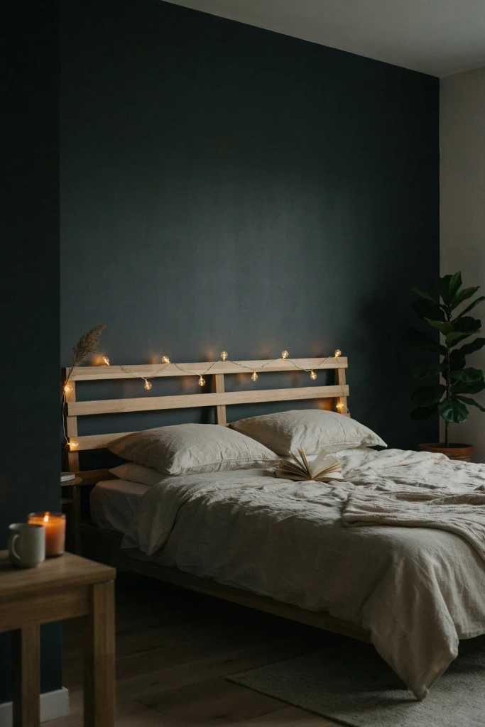 Dark Bedroom with String Lights