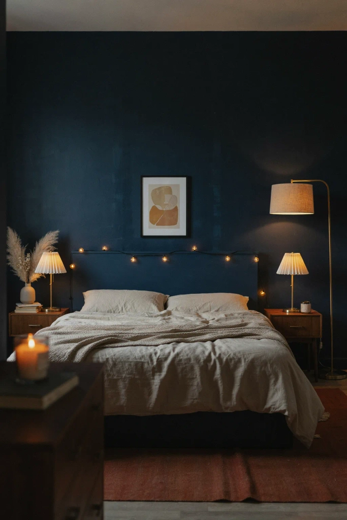Dark Bedroom with Warm Layered Lighting