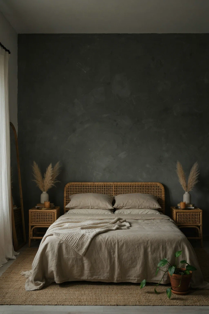 Dark Bedroom with Woven Textures