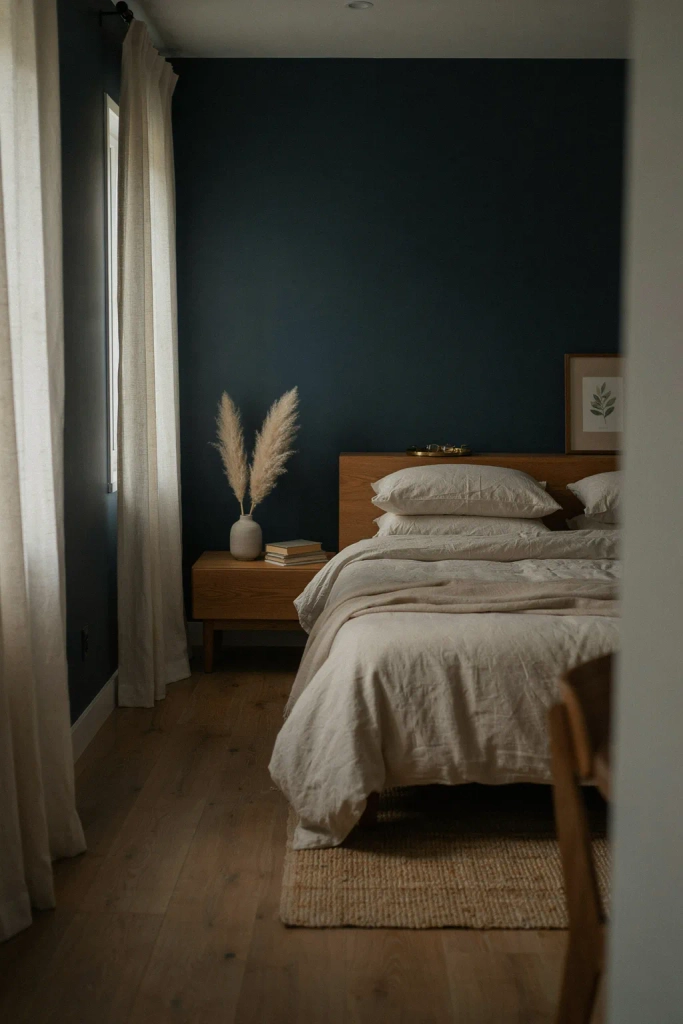 Deep Navy Walls with Warm Wood