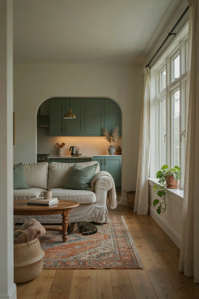 Farmhouse Sage Green Kitchen-Adjacent Living Space