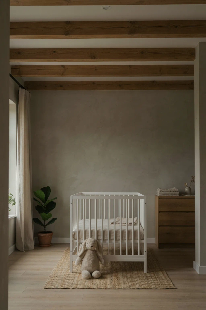 Grey Nursery with Wood Ceiling Beams