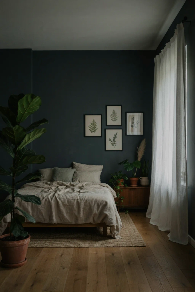 Moody Bedroom with Botanical Accents