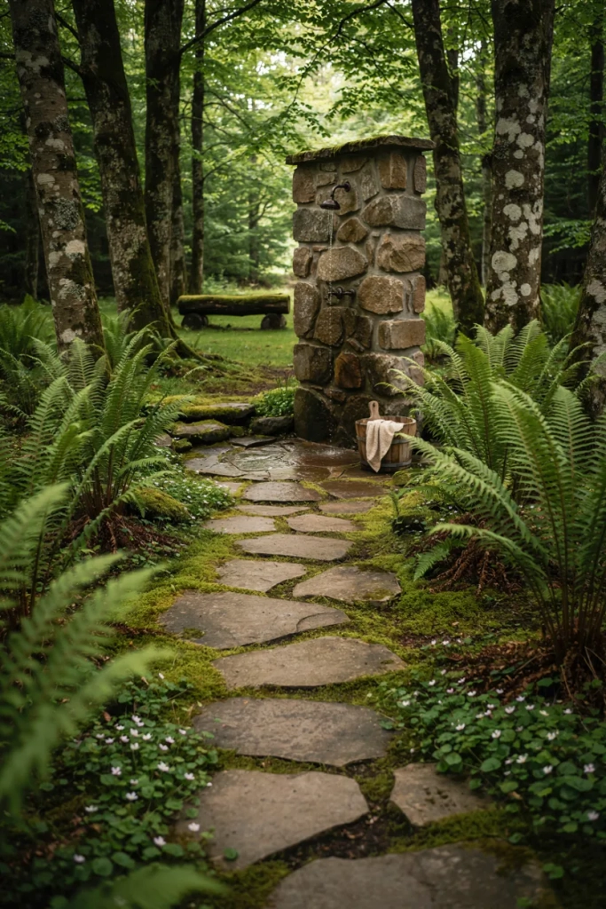Moss-Covered Stone Pathway Rustic Outdoor Shower Ideas