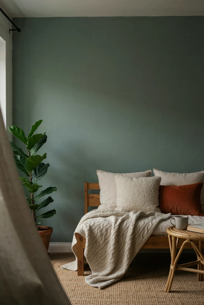 Sage Green Accent Wall Behind a Wood Bed Frame