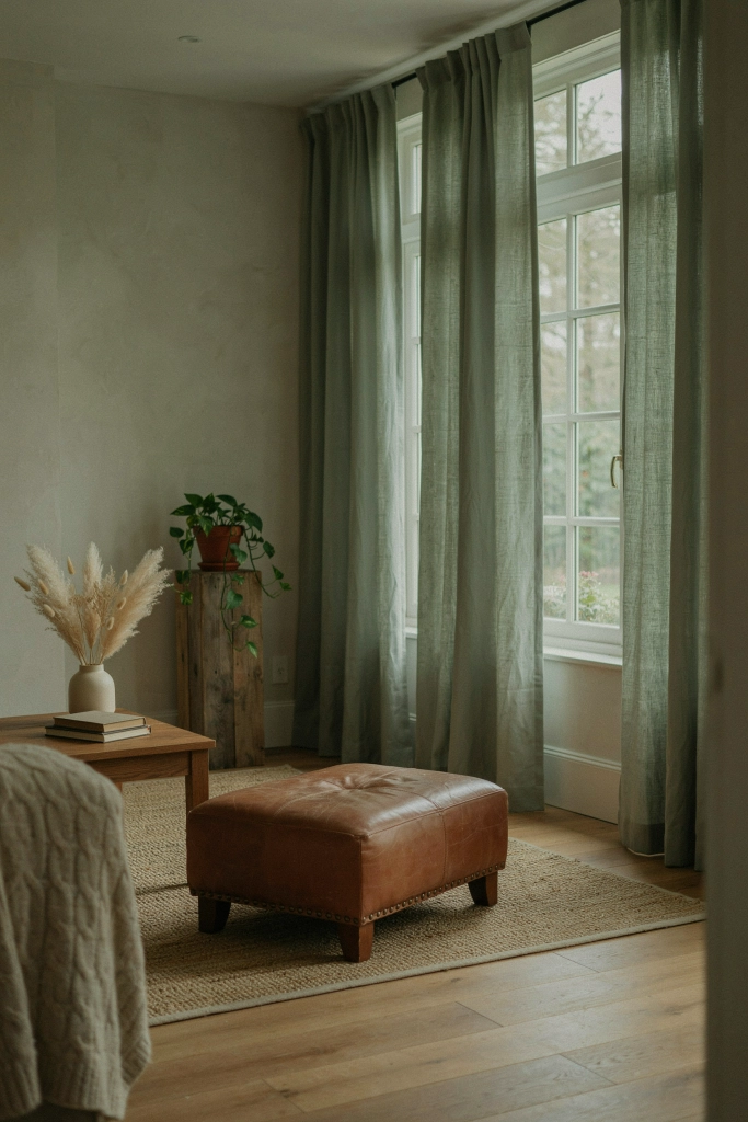 Sage Green Curtains in a Wood-Toned Room