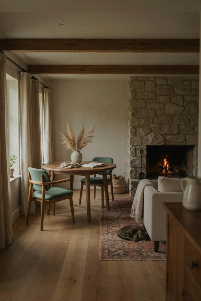 Sage Green Dining Nook Adjacent to Living Space