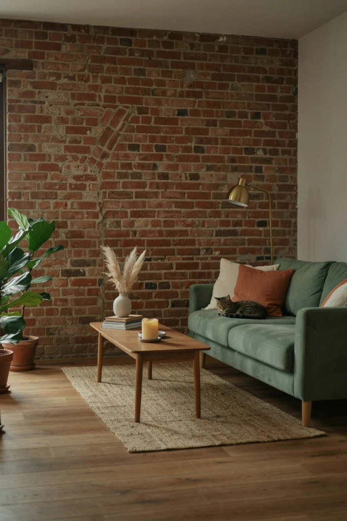 Sage Green Living Room with Exposed Brick