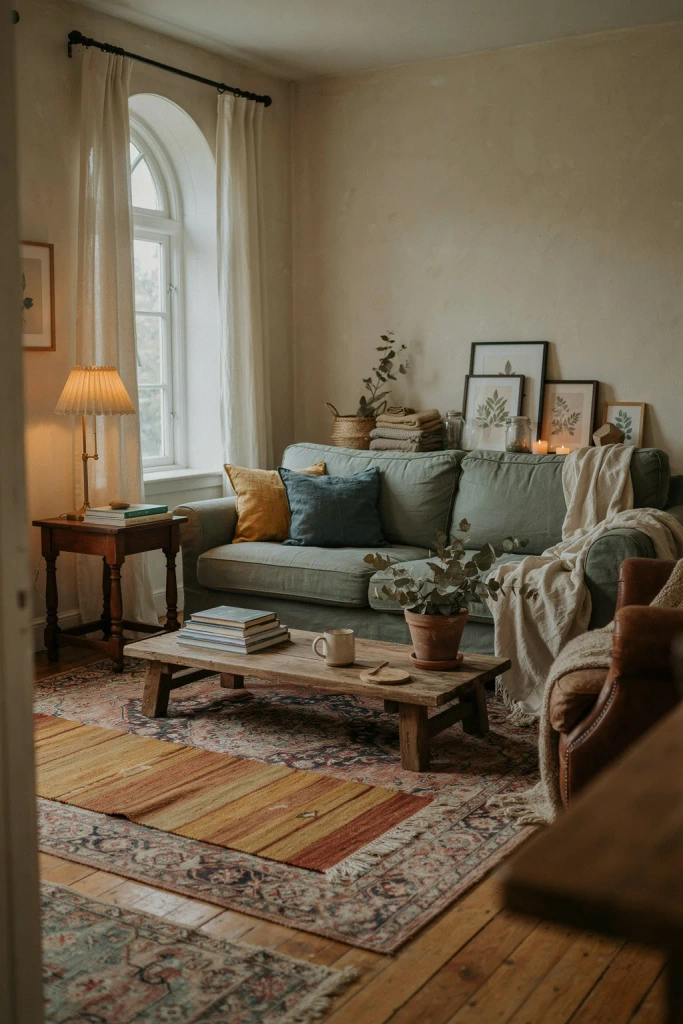 Sage Green Living Room with Layered Vintage Rugs Rustic Sage Green