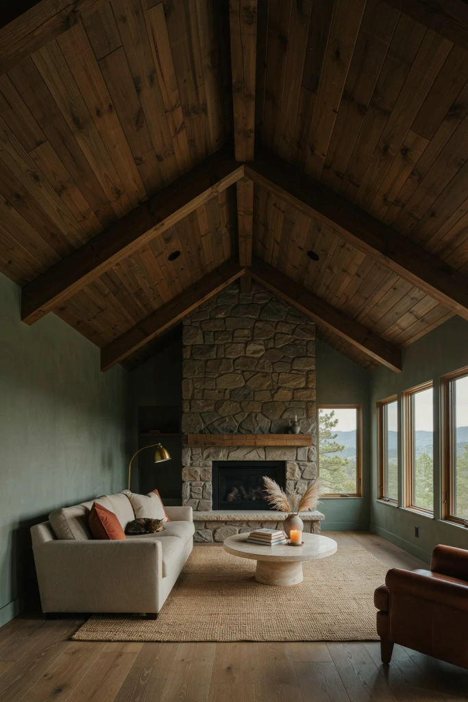  Sage Green Living Room with Vaulted Wood Ceiling