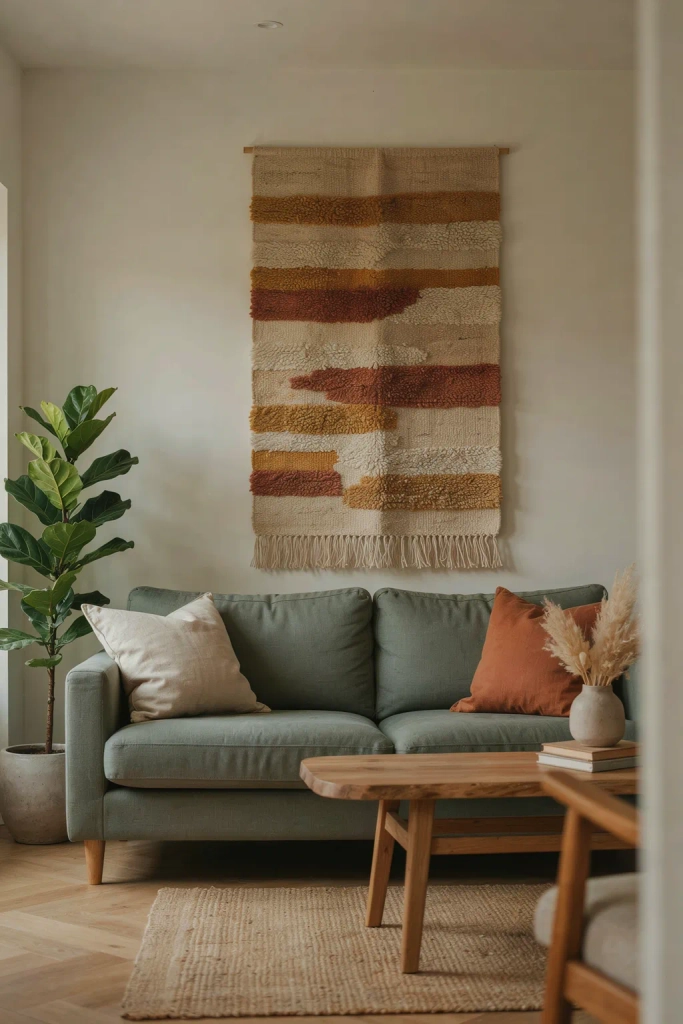 Sage Green Living Room with Woven Wall Art