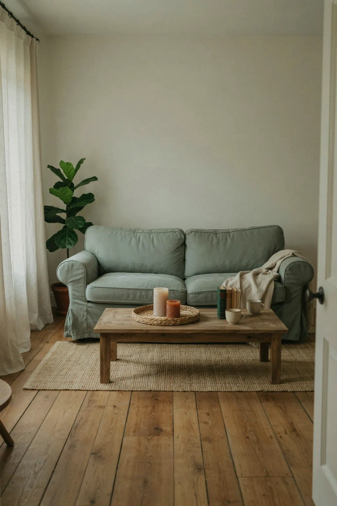 Sage Green Slipcovered Sofa with Distressed Coffee Table